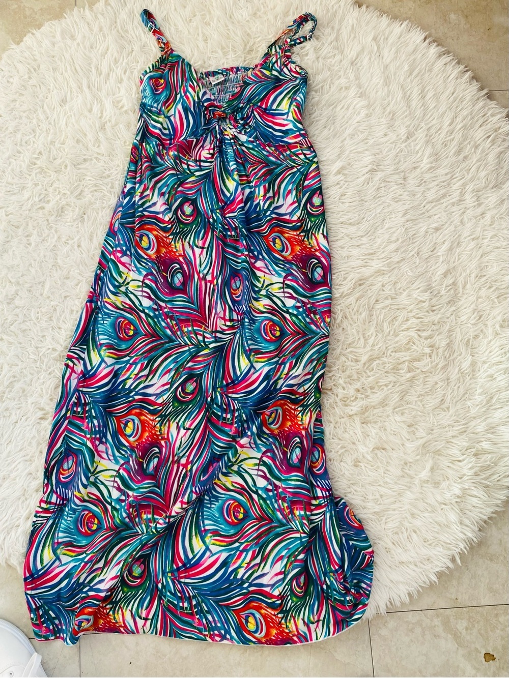 Island Planet Multicolor Peacock Feather Smocked Maxi Dress Small